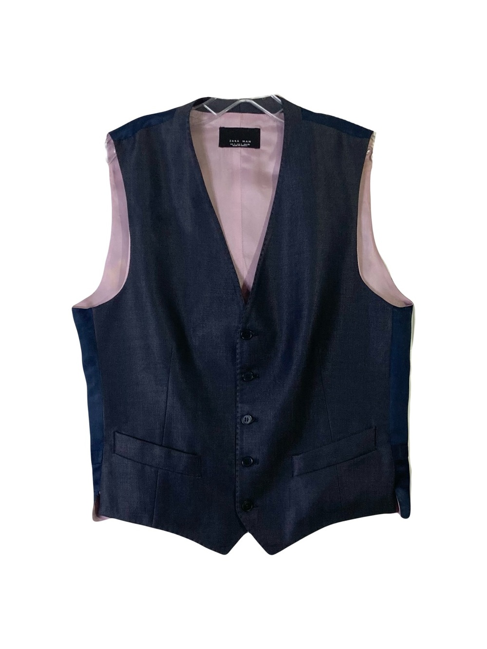 NWT ZARA MAN Suit Vest L Navy Wool-Silk Red-Lining Sleeveless